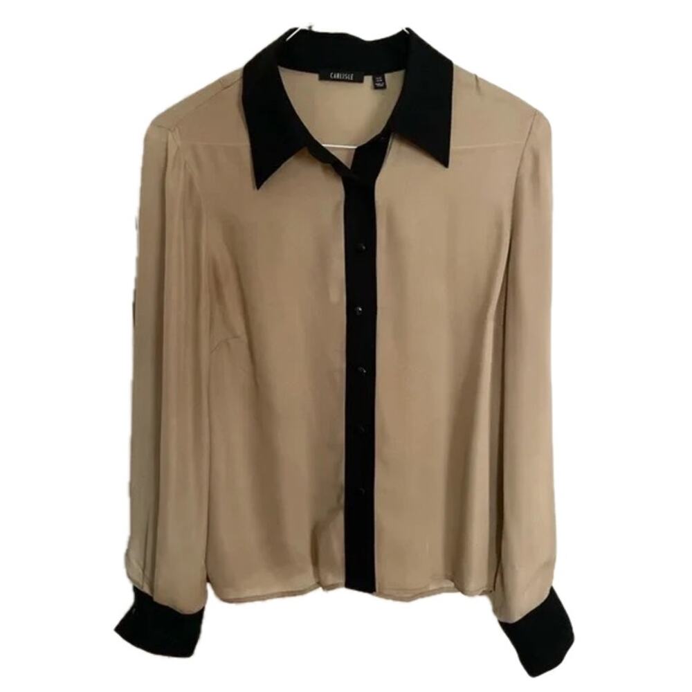 Carlisle Toffee and Black 100% Silk Button-Up Semi-Sheer Blouse Size 8